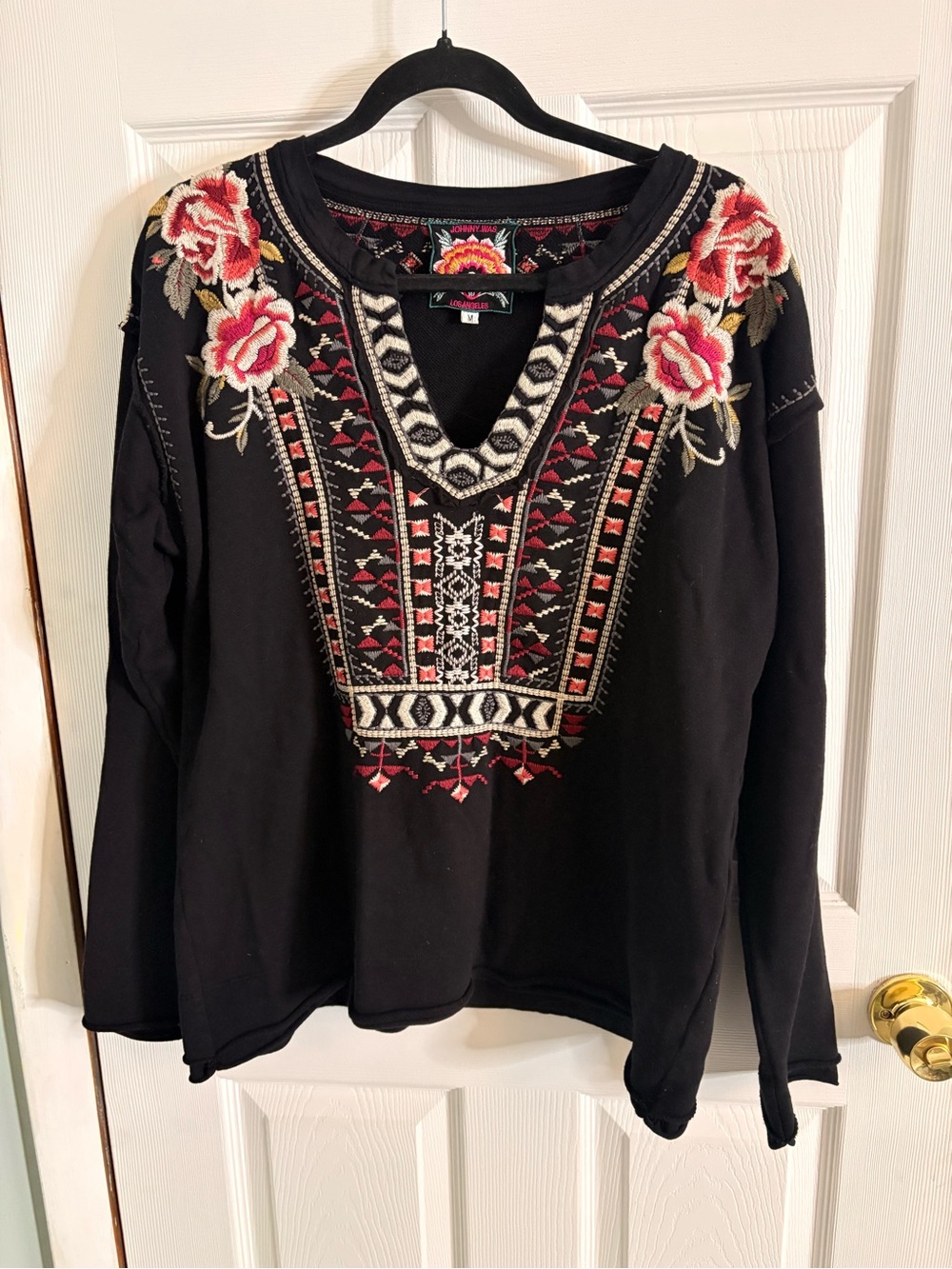 Johnny Was JWLA Black Issioria Floral Embroidery Knit Pop Over Sweatshirt Size M